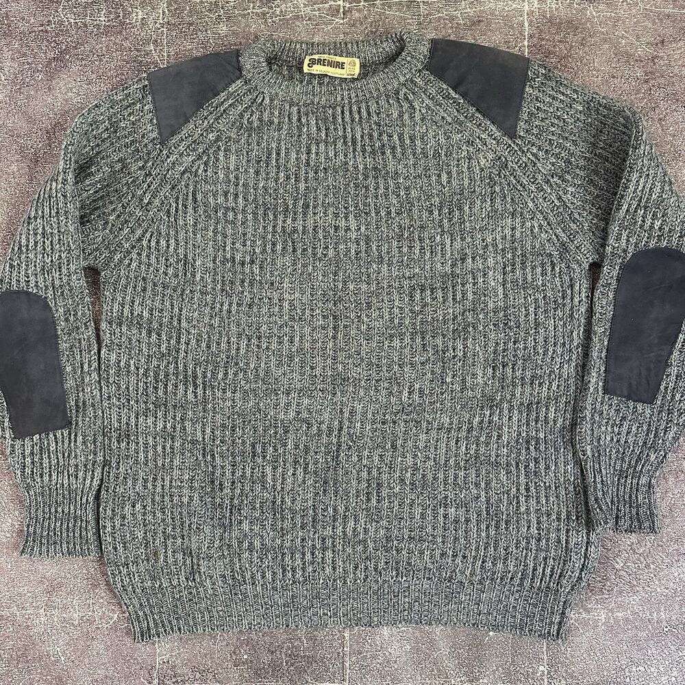 Men’s Vintage Brenire Scotland Wool Chunky Knit Suede Patch Crewneck Sweater XL